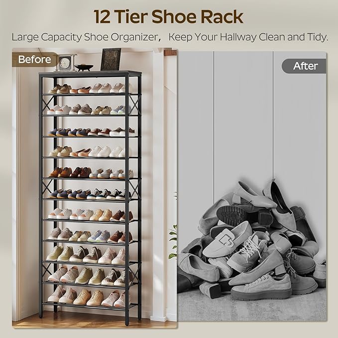 12 Tier Shoe Rack, Large Capacity Shoe Storage Organizer Holds 48 Pairs, Sturdy and Stable, for Entryway, Hallway, Closet, Dorm Room, Charcoal and Black SS12BC