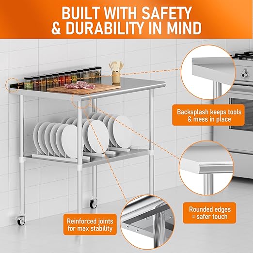 Stainless Steel Prep Table 24" X 36" with Adjustable Undershelf, Backsplash and Wheels, Commercial Metal Workstations for Kitchen, Garage, Outdoor BBQ