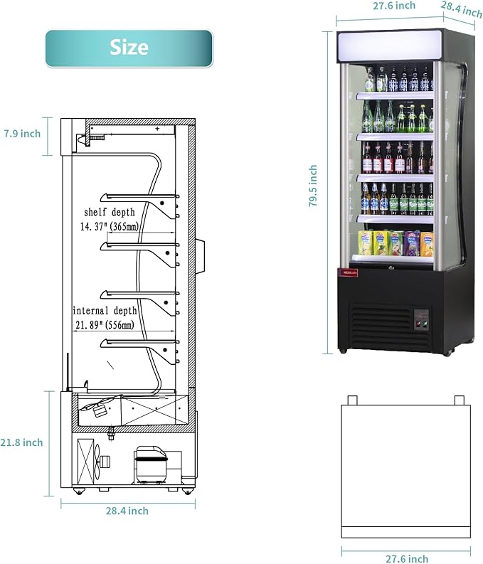 WESTLAKE Open Air Merchandiser Commercial Refrigerator with Night Curtain 16.6 Cu.ft 27.5” W 28.3" D Upright Fan Cooling Display Cooler for Stores, Supermarkets, Bar, Shops, etc