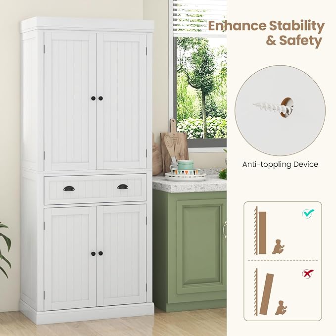 DORTALA 72” Tall Kitchen Pantry Cabinet, Wood Storage Cupboard w/ 4 Adjustable Shelves, 2 Cabinets & Drawer, Utility Freestanding Storage Cabinet for Kitchen, Hallway, Living Room, White