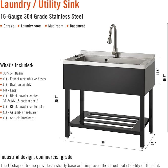 TRINITY THAPBK-0323 Stainless Steel Freestanding Single Bowl Utility Sink for Garage, Laundry Room, and Commercial Use, Includes Pull-Out Faucet, NSF, UPC and cUPC Certified, 36" x 20" x 49.2", Black