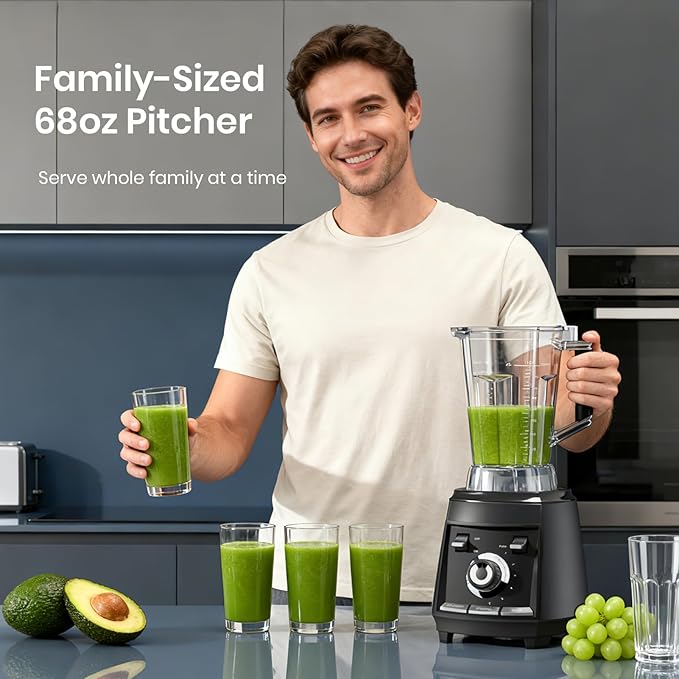 Blenders for kitchen, 1800W Smoothie Blender, Professional High Speed Countertop Blender with Stainless Steel Blades, 68-oz. Pitcher Ice Crushing & Frozen Fruit, BPA Free, Black