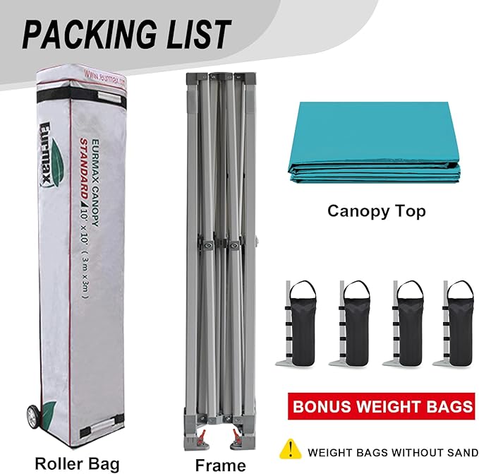 Eurmax USA Standard 10x10ft Patio Pop Up Canopy Tent for Outdoor Events Commercial Instant Canopies with Heavy Duty Roller Bag,Bonus 4 Canopy Sand Bags (Turquoise)
