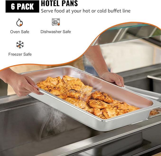 VEVOR Hotel Pans Full Size 2.5 Inch Deep, Steam Table Pans 6 Pack,0.8mm Thick Stainless Steel Hotel Pan Anti Jam Steam Table Pan, for Home, Party, Restaurant, Hotel, Buffet