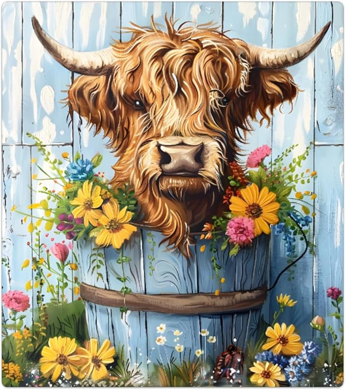 Highland Cow Flower Pot Wood Dishwasher Magnet Cover, Reusable Refrigerator Panel Stickers Microwave Front Door Covers Magnets for Kitchen Home Appliances Holiday Party Decorations 23 X 26 in