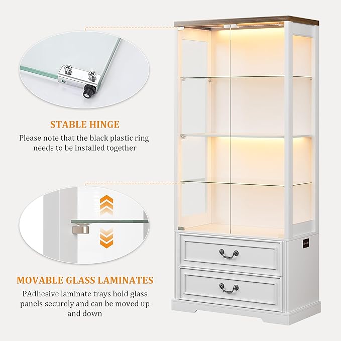Glass Display Cabinet with Door, 4-Tier Curio Cabinet with 2 Drawers and Adjustable Glass Height Showcase, Display Case with 3 LED Light and Human Body Sensor, White