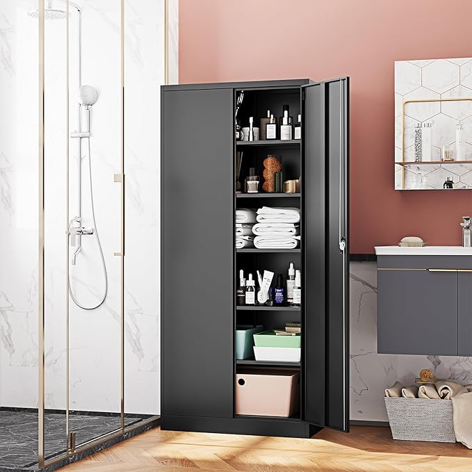 Metal Storage Cabinet-71” Tall Steel File Cabinets with Lockable Doors and Adjustable Shelves-Black Steel Storage Cabinet for Home,Kitchen, School, Office, Garage