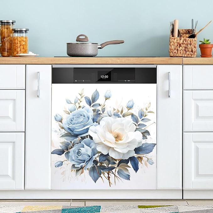 senya Dishwasher Magnet Cover Panel for The Front Blue-white Roses Dish Washer Door Sticker