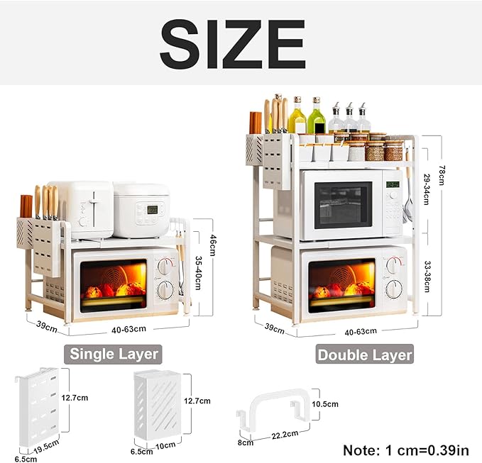 Microwave Storage Rack Retractable Microwave Rack, Hight Adjustable Horizontal Extension Utility Organizer Shelf Counter Toaster Storage Stand, 176Lbs Load Bearing, White/2Tier