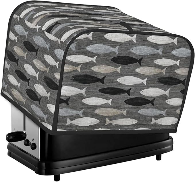 4 Slice Toaster Cover for Kitchen Gray Fish Pattern Waterproof and Dustproof Oxford Fabric Toaster Dust Cover with Side Pockets Decorative Universal Cover for Wide Slot Toasters and Small Appliances