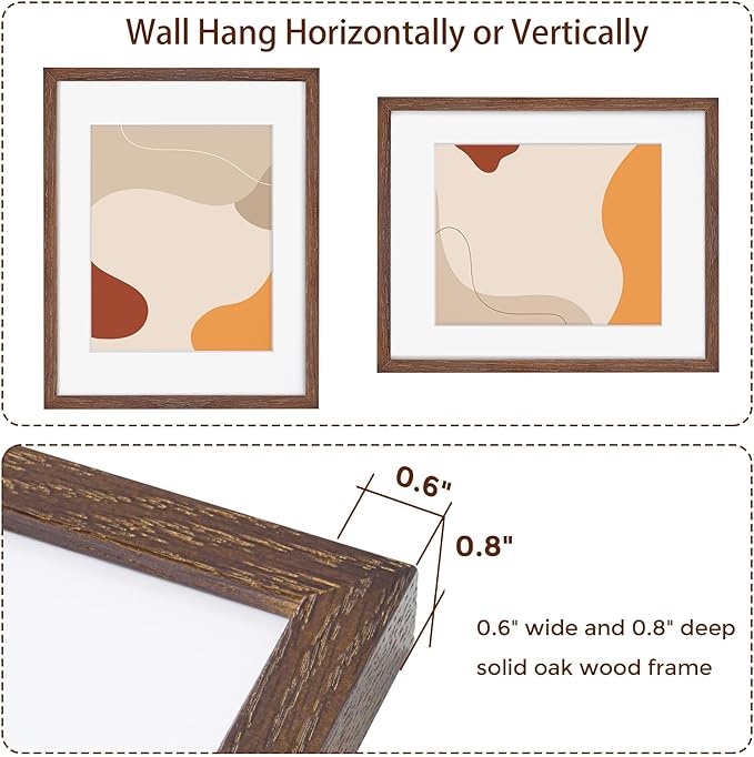 11x14 Picture Frame for Wall, 11 x 14 Photo Frames - Made of Solid Oak Wood & Tempered Real Glass, Rustic Wood 11 by 14 Frames for Home Decor, 11x14 Frame Matted to 8x10, Walnut Color, 1 Pack
