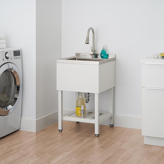 TRINITY THAPWH-0327 Stainless Steel Freestanding Single Bowl Utility Sink for Garage, Laundry Room, Commercial Use, Includes Pull-Out Faucet, NSF, UPC and cUPC Certified, 21.5" x 22" x 49.2", White