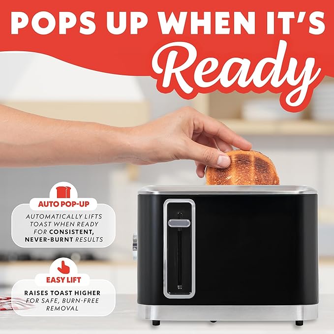 Gourmia 2 Slice Toaster – 6 Browning Levels with Bagel and Defrost Mode, One-Touch Toasting, Removable Crumb Tray, Extra Wide Slots, Compact Design, Black