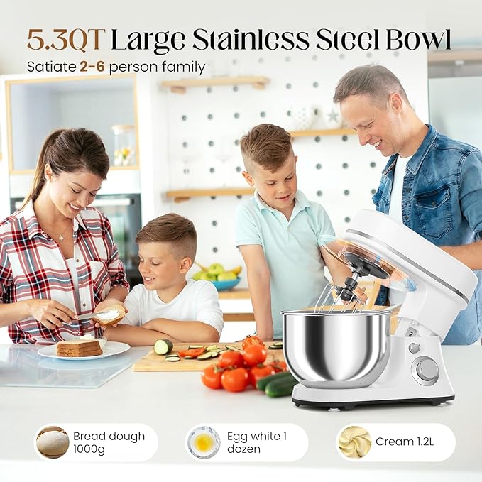 800W Stand Mixer with 5.3QT Stainless Steel Bowl - 6+P Adjustable Speed Electric Kitchen Mixer with Dough Hook, Whisk & Beater, Tilt-Head & Non-Slip Design- White (YD-385NS)