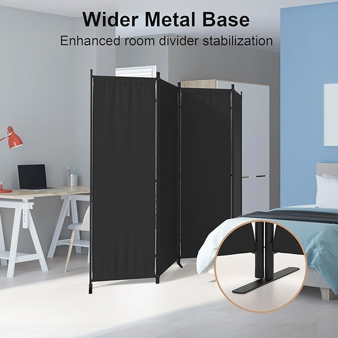 Room Divider 4 Panel Partition Room Dividers & Folding Privacy Screens w/ 3 Metal Feet 6FT Portable Wall Doubles as a Dressing Screen Portable Wall for Office Kitchen Children's Room,Black