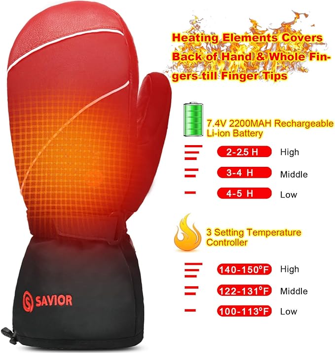 SAVIOR HEAT Heated Ski Mittens 3-Finger Gloves Electric Rechargeable Battery Mitts for Men Women Kids Winter Snowboard Motorcycle Skating Camping Hunting