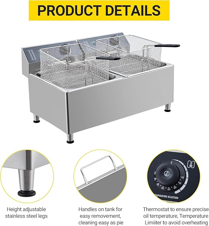 Dual 11L Commercial Deep Fryer | 304 Stainless Steel Dual Tank Design | 3400W Total Power (1700W x 2) 110V | with Extra Large Baskets & Lids for Restaurant & Food Service