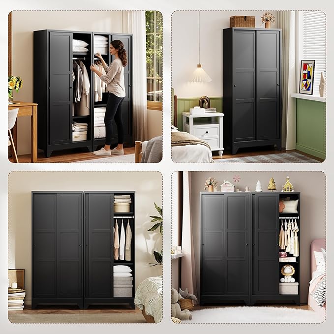Letaya Metal Sliding Door Wardrobe Cabinets,68" Tall Armoire Wardrobe Closet with Sliding Doors and Shelves,Narrow Slim Coat Closet Cabinet with Hanging Rod,Space Saving for Home (Black)