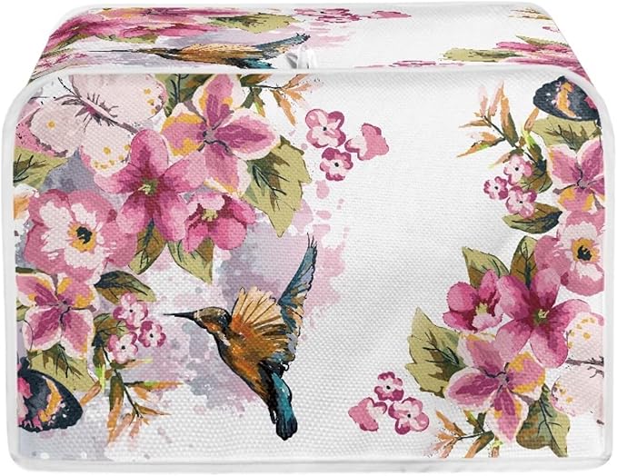 Hummingbird Flower Print Toaster 2 Slice Cover Stain Resistant Bread Maker Cover Dust Fingerprint Protection Kitchen Home Decor