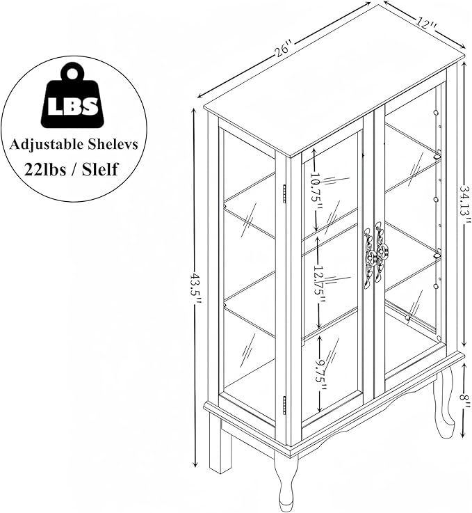 43" H Lighted Curio Cabinet Display Case with Light Bulb, Glass Curio Cabinet with Adjustable Shelves & Tempered Glass Door, Wooden Cabinets w/Mirrored Back Pane for Living Room(Cherry)