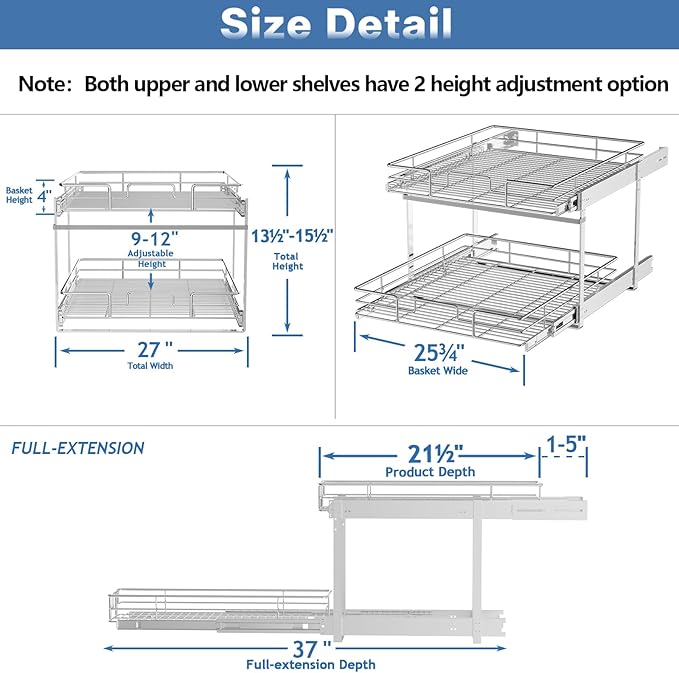 ROOMTEC Individual Pull Out Cabinet Organizer (27" W x 21½" D), 2 Tier Spice Rack Organizer for Cabinet, Slide Out Drawer Pantry Shelf Organization and Storage for Kitchen Bathroom