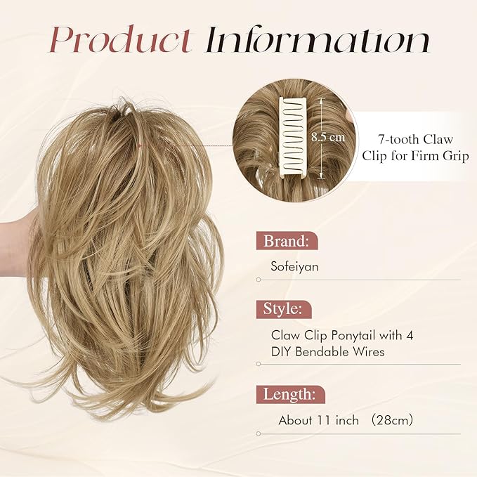 SOFEIYAN Claw Clip Short Ponytail Extension DIY Bendable Wires Hair Bun Fluffy Fake Hair Piece Straight Synthetic Hair Ponytail Extensions for Wonen - Sand