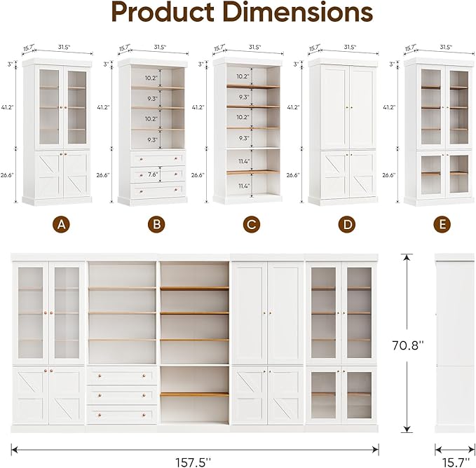 70.8" Tall Farmhouse Kitchen Pantry Cabinet with Doors, Modular Wooden Storage Hutch with 4-Tier Adjustable Shelves, White Buffet Cabinet for Kitchen and Living Room, Set of 3