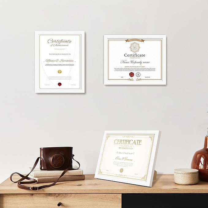 8.5x11 Diploma Frame with Tempered Glass, Multi Certificate 8.5 by 11 Photo Frame Bulk for Wall or Tabletop Display(White, 3 Pack)