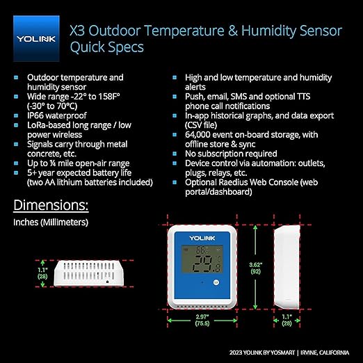 YoLink X3 Temperature & Humidity Data Logger, Hygrometer, Thermometer, 1/4 Mile Range, 5 Years Battery Life, Emails/Text/App Alerts. Pet Cage, Freezer, Greenhouse. 4G LTE Cellular Hub Included
