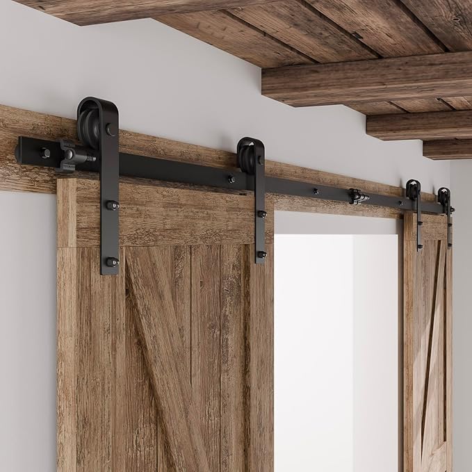 CCJH 7.5FT Sliding Barn Door Hardware Kit, Heavy Duty, Smoothly and Quietly, Easy to Install, Fit 22.5" Width Double Door Panel, Basic Style Hangers Black