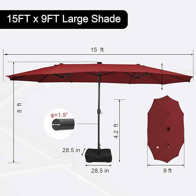 Sundale Outdoor 15ft Large Patio Umbrella with Base Included and Umbrella Cover, Outdoor Double-Sided Umbrella