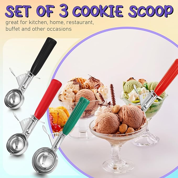 3 Pcs Release Cookie Scoops Ice Cream Scooper with Trigger Release Portion Scoop Stainless Steel for Portion Control, Baking Food, Cookie Dough (2.65 Oz+1.33 Oz+ 0.75 oz,Green,Red,Black)