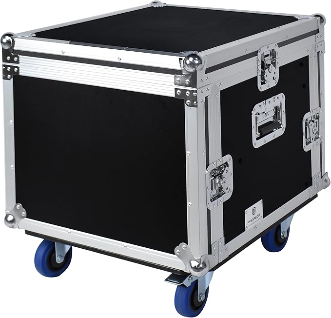 PRORECK 8U Rack/Road Case With Slant Mixer Top, And Casters, 20'' Rackable Depth, Plywood, 8U Installation Size, Pro Stage Performance.