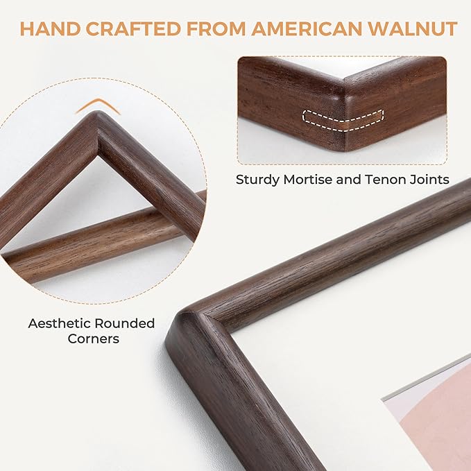 Axeman 12 x 16 Walnut Frame - Rounded Corner 12x16 Picture Frame Matted to 8.5x11 - Natural Walnut Wood Photo Frame with Tempered Glass for Wall Mount Display