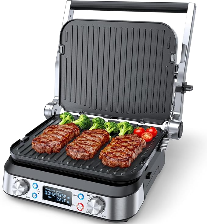 6-in-1 Griddle and Indoor Grill, 14’’ Electric Grill, For Steak, Burger, Eggs, Smokeless Pancake Griddle, Nonstick Removable 450°F Dual Adjustable Grill Plates, 90-Minute Timer, Dishwasher Safe