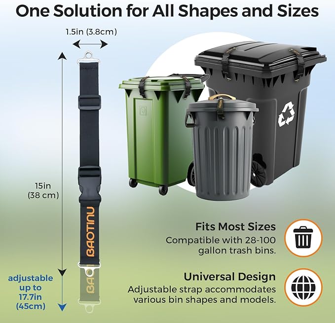 Trash Can Lock for Animals, 2PCS Adjustable Straps Garbage Can Locks for 28-100 Gallon Outdoor Bins, Bear Proof Trash Can Lock with Anti-Rust Metal Buckle, One-Hand Release Lid Locking(Deep Black)