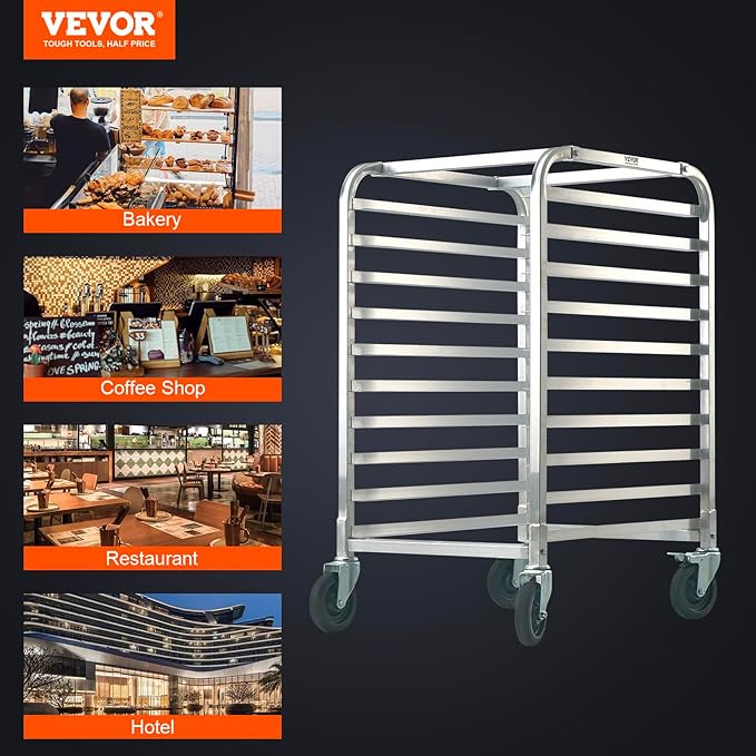 VEVOR 10-Tier Bun Pan Rack, Aluminum Racking Trolley Storage with Brake Wheels, Commercial Bakery Racks for Half & Full Sheet, Speed Rack For Kitchen Home, Bread Baking Equipment, 26"L x 20.3"W x 39"H