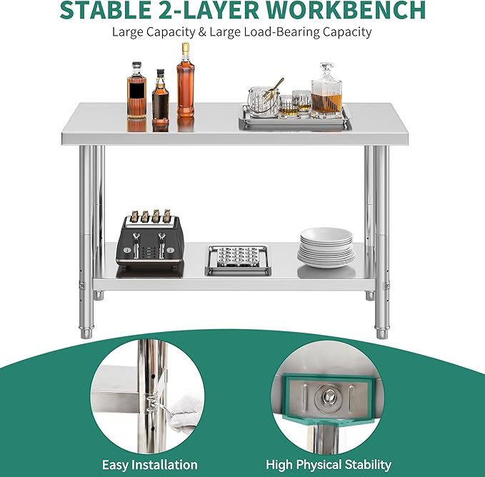 YITAHOME NSF Stainless Steel Table, 48" X 24" Work Table w/Undershelf, Heavy Duty Prep Table for Home Kitchen Commercial Restaurant Garage Warehouse Outdoor