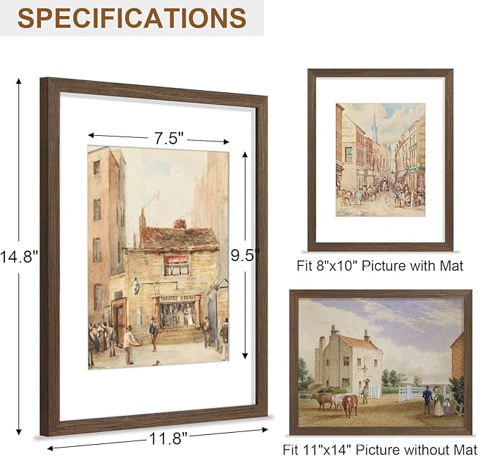 Vittanly 11x14 Picture Frame, Solid Wood Frame with Plexiglass, Includes 8x10 Mat, Wall Hanging for Home Decor, Brown, 1 Pack