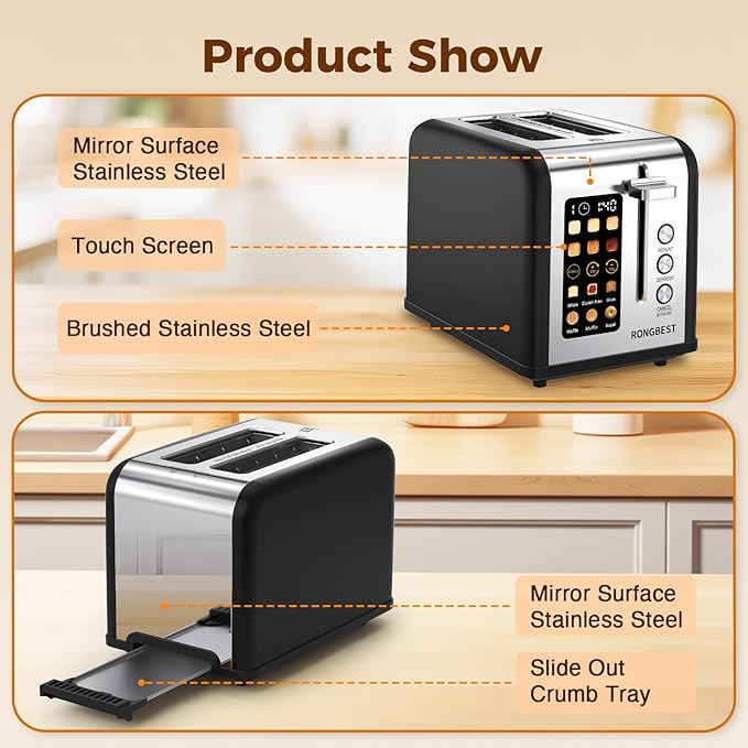 2 Slice Easy Touch Screen Toaster, Stainless Steel Toaster with Wide Slots, Even Toasting for Bagels & Bread, Reheat & Defrost, Removable Crumb Tray, Matt Black