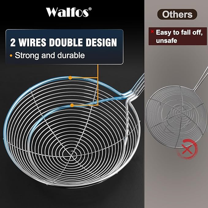 Walfos 7 inch Extra Large Spider Strainer - Stainless Steel Fryer Scoop & 4 in Skimmer Spoon, Set of 2 - Kitchen Spider Skimmer Strainer With Handle, For Cooking, Frying, Pasta, Egg, Foam