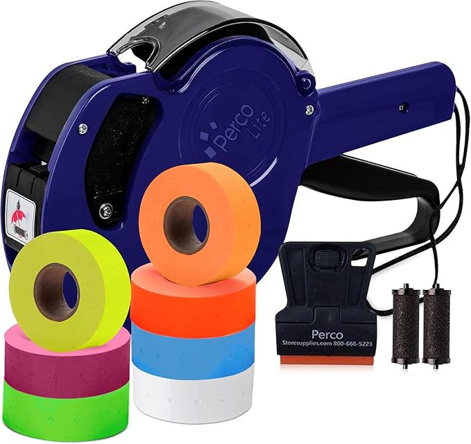Perco Lite 1 Line Price Gun with Labels Kit - Includes 1 White Roll, 6 Multicolored Rolls, 2 Ink Rollers, 1 Ink roll and Labels Pre-Loaded
