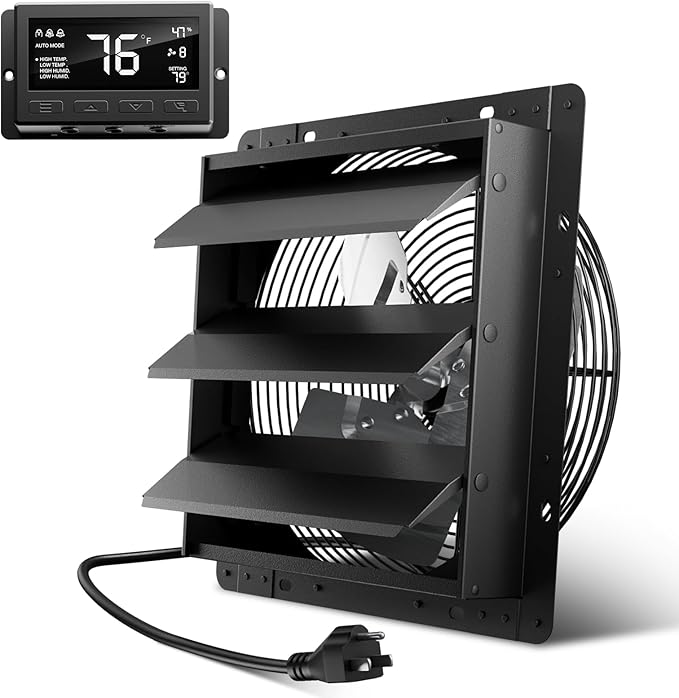 Hon&Guan Shutter Exhaust Fan, 12-Inch Wall Mount Attic Fan with Temperature Humidity Controller, 10-Speed Adjustable, 971 CFM, for Ventilation and Cooling in Greenhouses, Garages, Chicken Coops