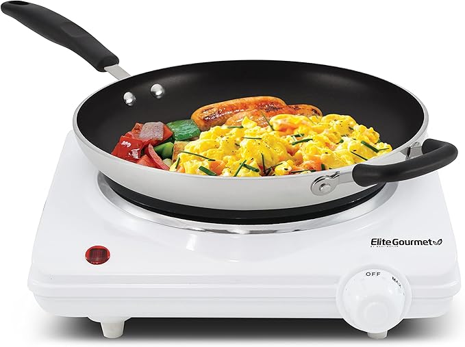 Elite Gourmet ESB-301F Countertop Single Cast Iron Burner, 1000 Watts Electric Hot Plate, Temperature Controls, Power Indicator Lights, Easy to Clean, White