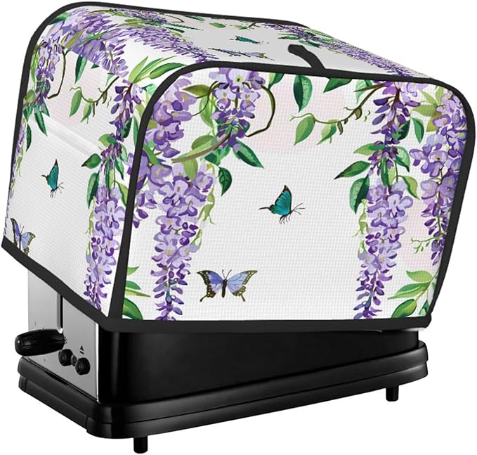 Toaster Cover 2 Slice Spring Purple Wisteria Butterfly Waterproof Appliance Cover with Hang Loop Bread Baker Toaster Cover for Kitchen