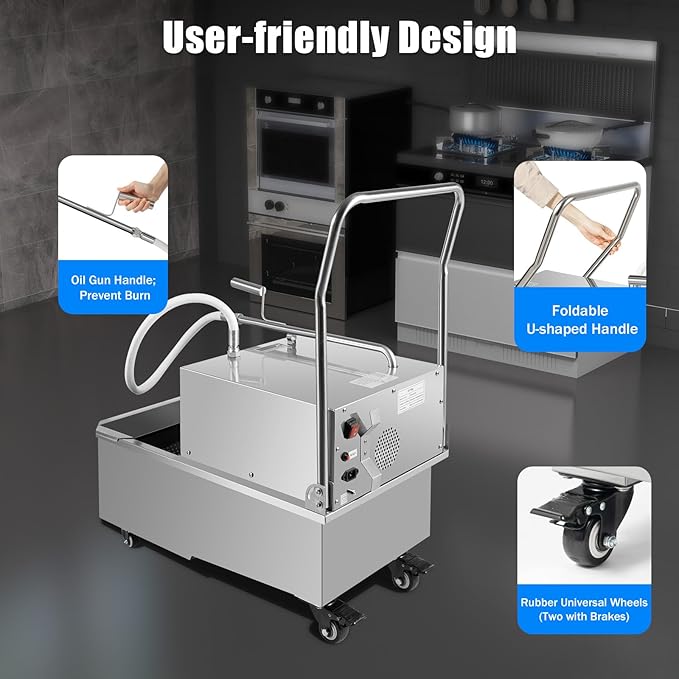 55 L /14.5 Gal Fryer Filter Machine 550W Stainless Steel Commercial Mobile Oil Filtration System, Oil Pump Flow 32L/min, Deep Fryer Oil Filter Cart for Restaurant Supermarket
