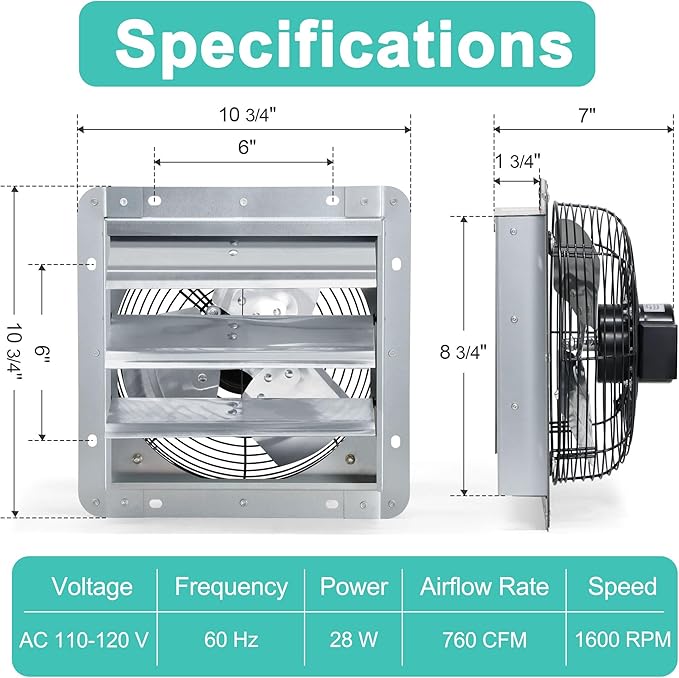 7 Inch Shutter Exhaust Fan, Wall Mount Attic Fan with Power Cord for Greenhouses, Sheds, Garages, Chicken Coops, Barns Ventilation, 760 CFM