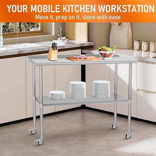 Stainless Steel Prep Table 24" X 48" with Adjustable Undershelf, Backsplash and Wheels, Commercial Metal Workstations for Kitchen, Garage, Outdoor BBQ