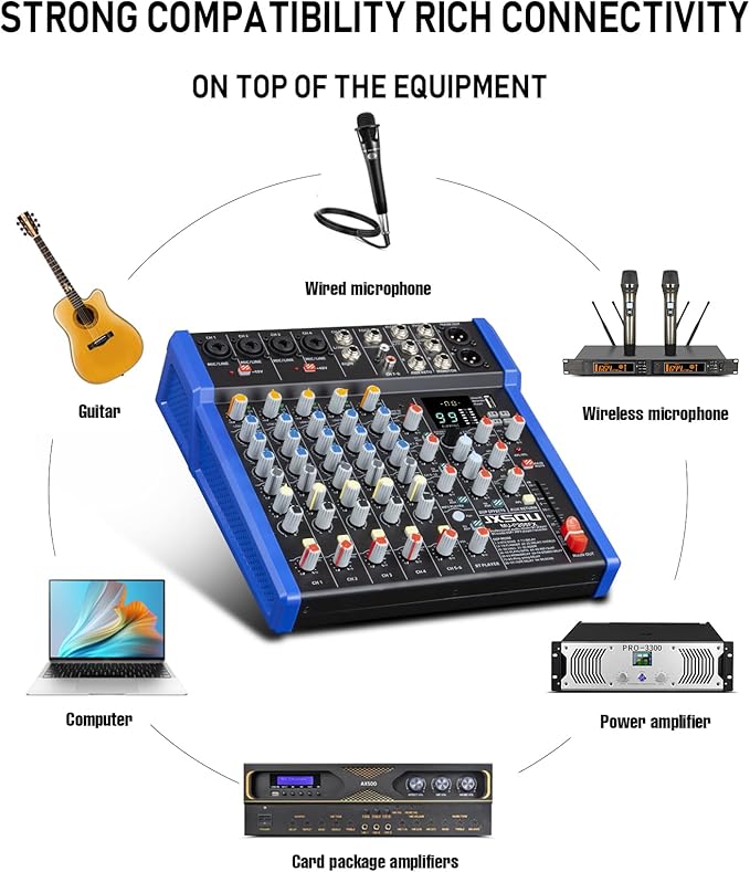 Audio Mixer, 10-Channel DJ Mixer Bluetooth Studio Mixing Board Audio with 99 DSP Effects USB Drive+48V Phantom Power, XLR Microphone Jack Professional Mixer For Karaoke Studio Streaming