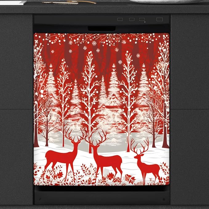 Christmas Forest Elk Dishwasher Magnet Cover, 23" W x 26" H Fridge Magnetic Stickers Reuseable Magnet Panel Decal Cover for Washing Machine Fridge Microwave Cabinet Kitchen Christmas Decoration